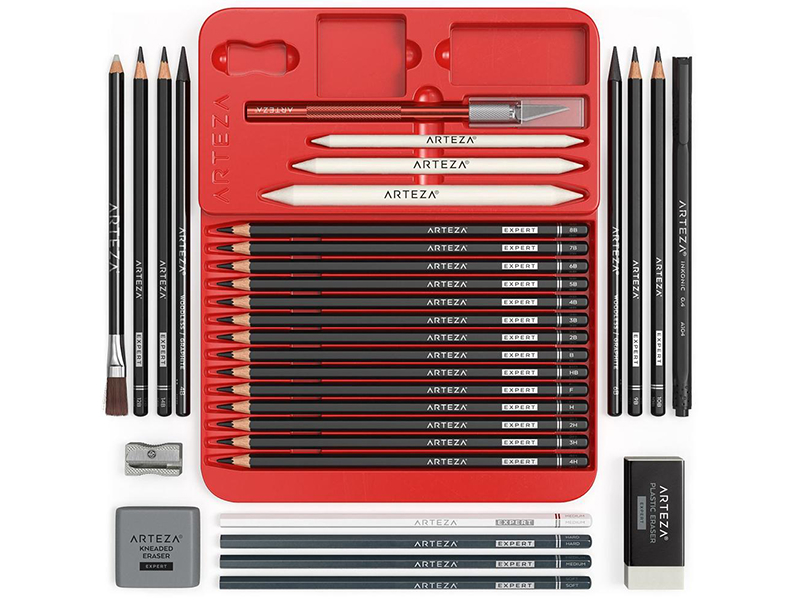 Arteza Drawing Set for Adults, Set of 33 Artist Sketching Tools, 20  Graphite & 4 Charcoal Sketch Pencils, 1 Fineliner, 3 Blenders, 1 Sharpener,  3