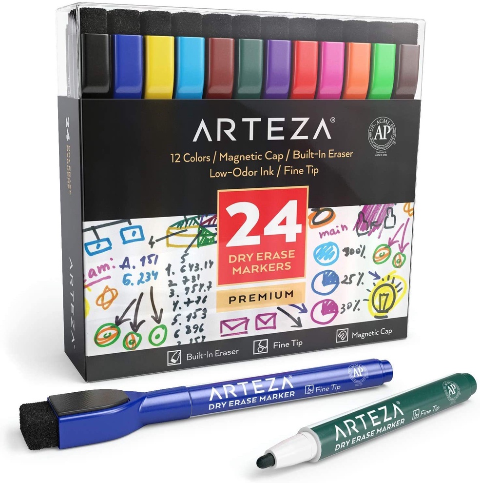 Dry Erase Markers with Magnetic Eraser Caps, Fine Tip, Assorted Colors - Set of 24