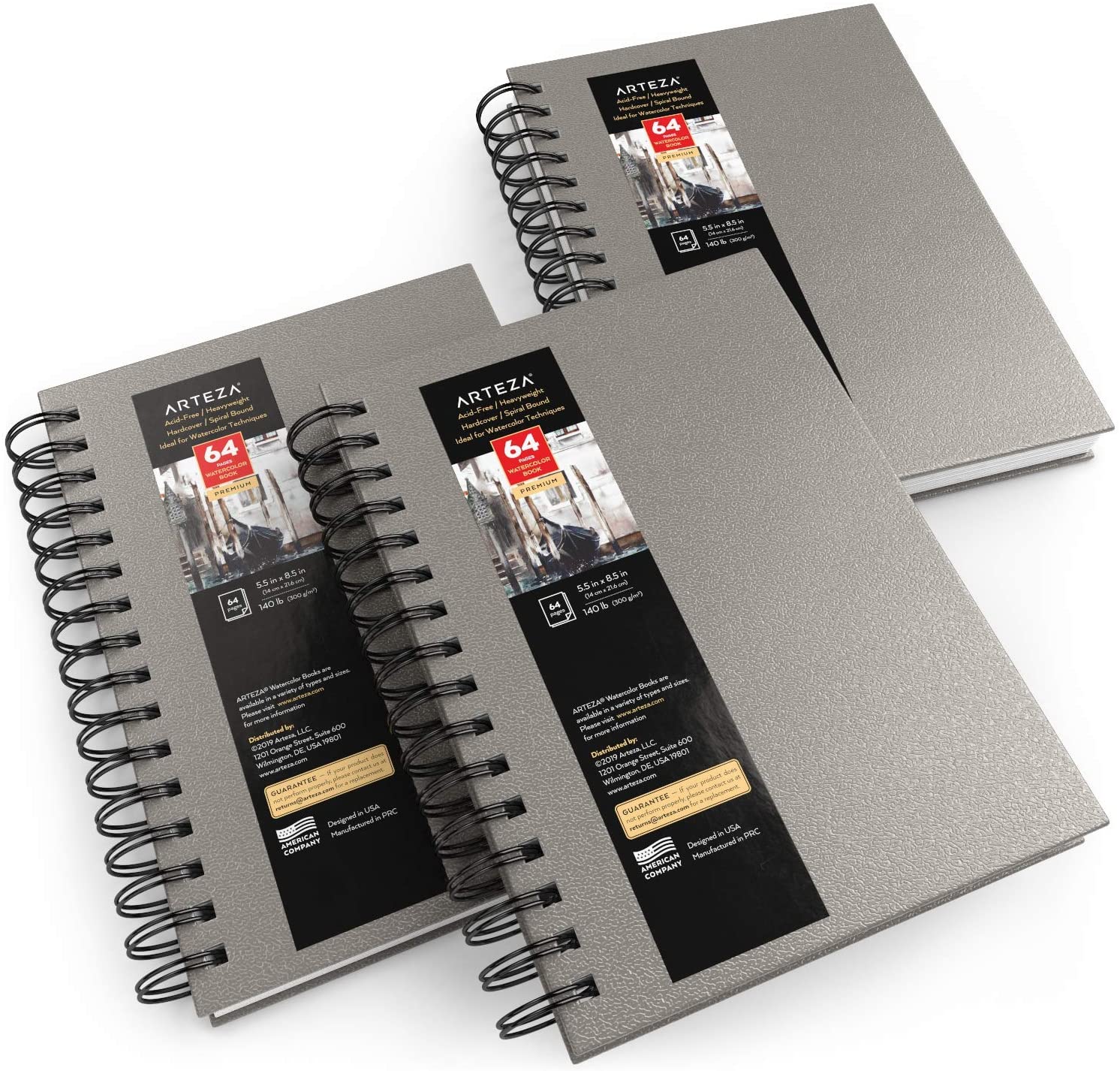 Watercolor Book, Spiral-Bound Hardcover, Gray, 5.5x8.5” - Pack of 3