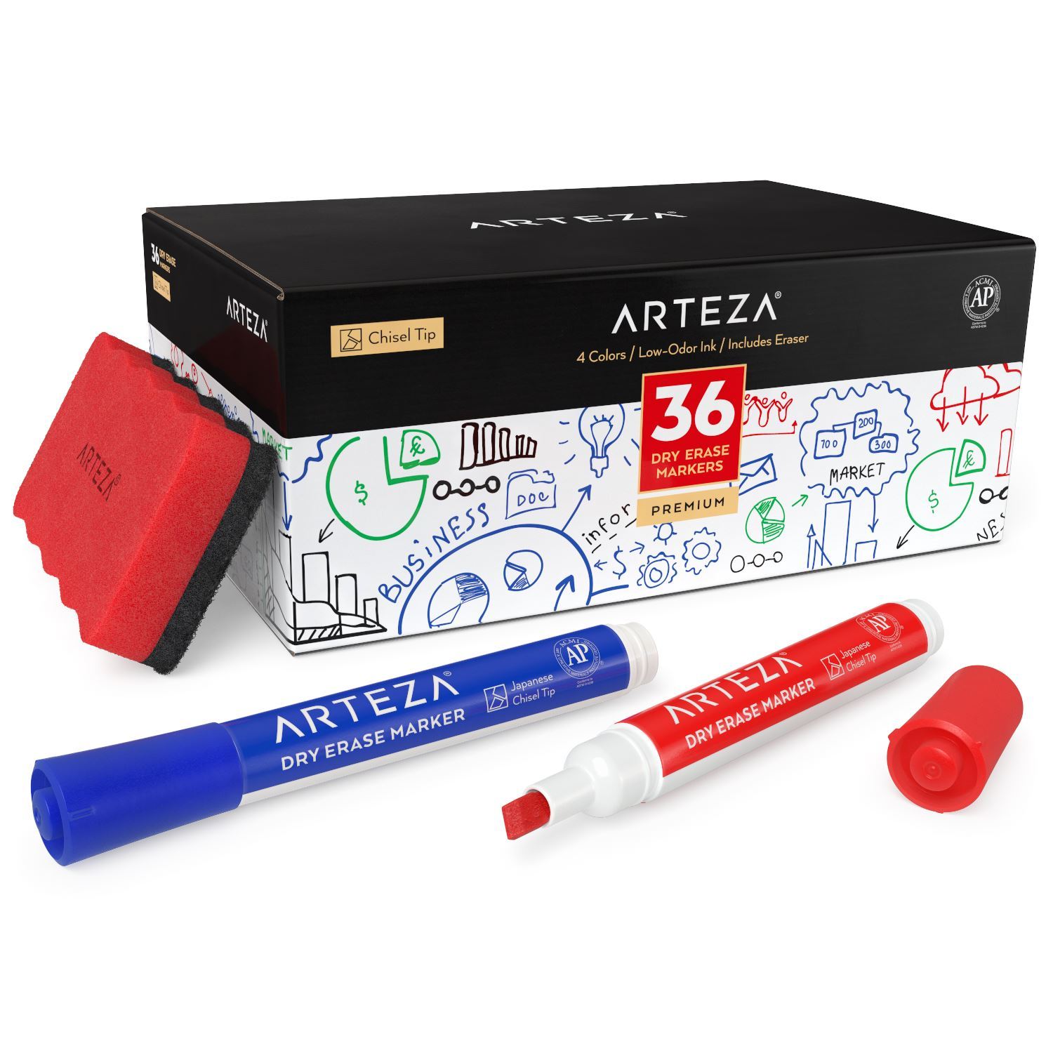 Arteza Magnetic Dry Erase Markers with Eraser, Pack of 36 (with Fine Tip), Black