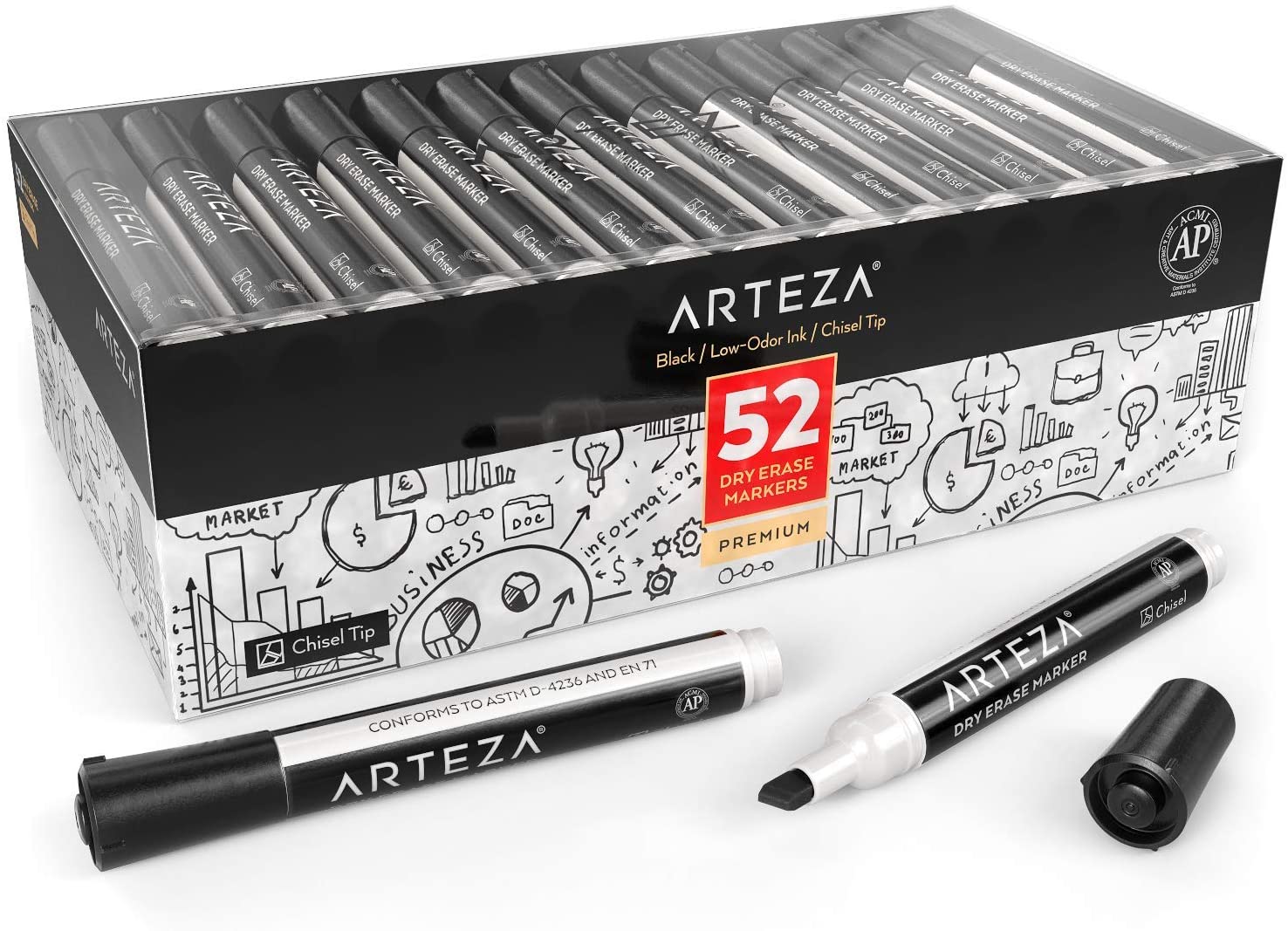 Dry Erase Markers Chisel Tip Black Set Of 52 Arteza