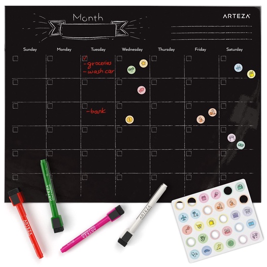 Black 8 Markers Magnetic Dry Erase Weekly Calendar for Fridge: 16" x 13"