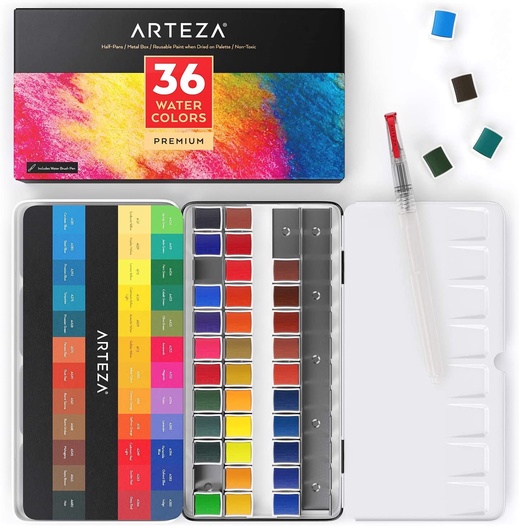 Watercolor Premium Artist Paint Half Pans Arteza Arteza real brush pens, 48 colors for watercolor painting with flexible nylon. watercolor premium artist paint half pans set of 36