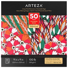 Art Supplies for Relaxing Reflecting and Decompressing Floral Designs Arteza Adult Coloring Book 9 x 9 Inches Stress-Relieving Coloring Book for Adults with 50 Different One-Sided Images