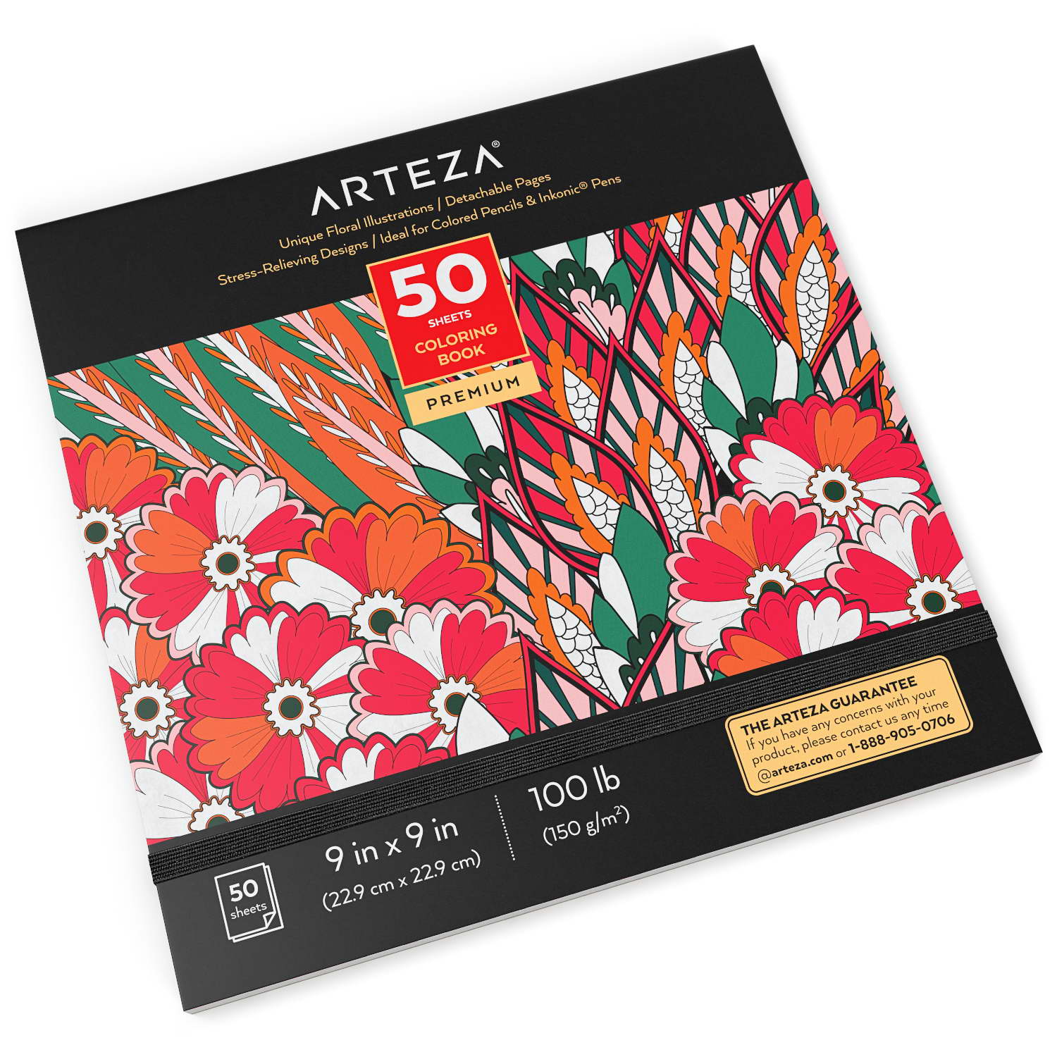 Art Supplies for Relaxing Reflecting and Decompressing Floral Designs Arteza Adult Coloring Book 9 x 9 Inches Stress-Relieving Coloring Book for Adults with 50 Different One-Sided Images