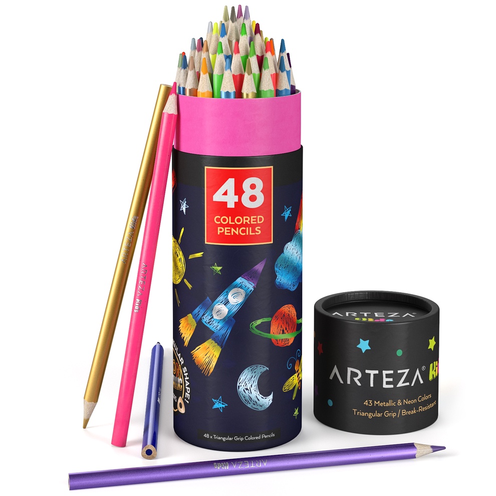 Kids Colored Pencils, Neon & Metallic Set of 48 ARTEZA